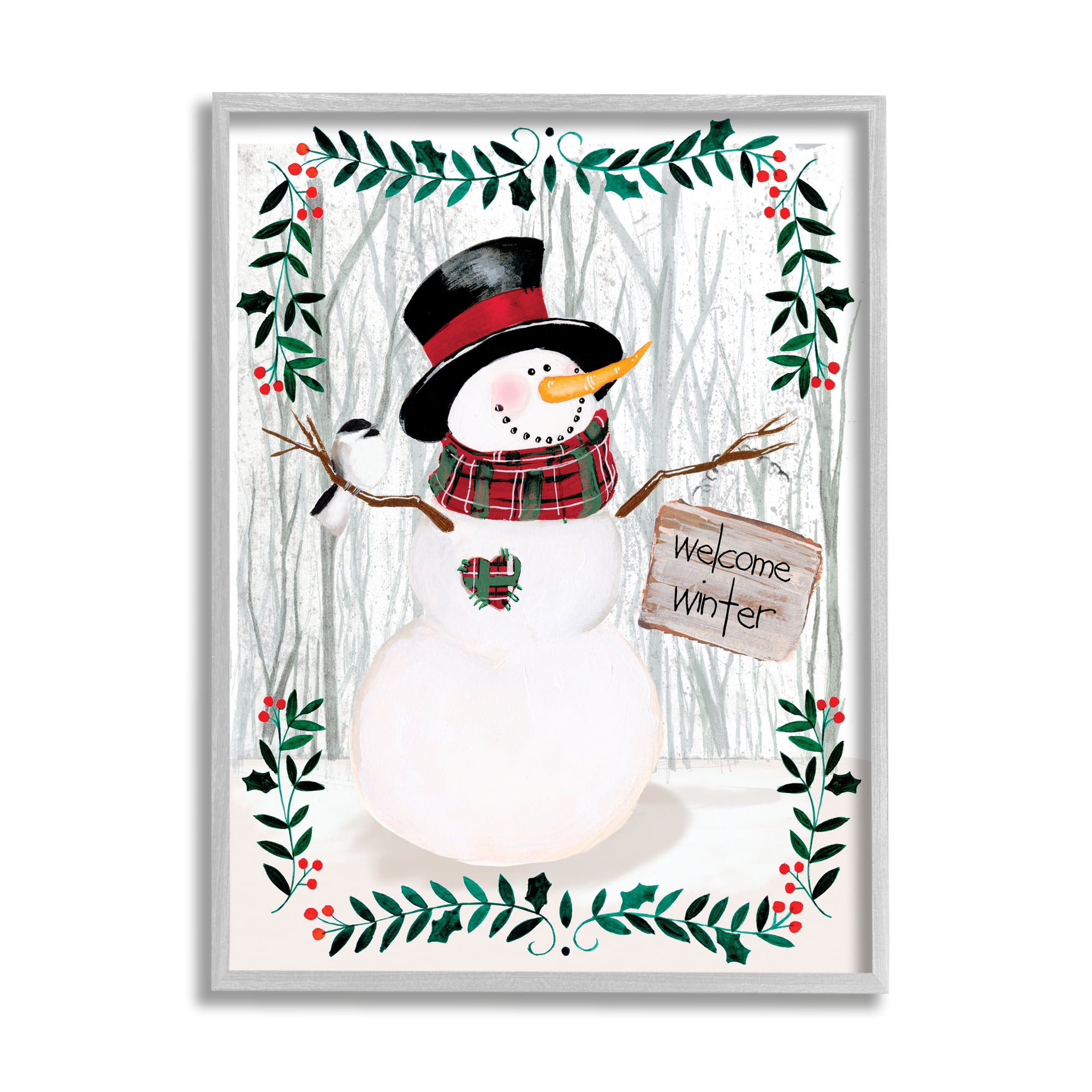Stupell Industries Winter Welcome Greeting Snowman Forest Holly Florals Holiday Painting Gallery Wrapped Canvas Art Print Wall Art, 36 x 48