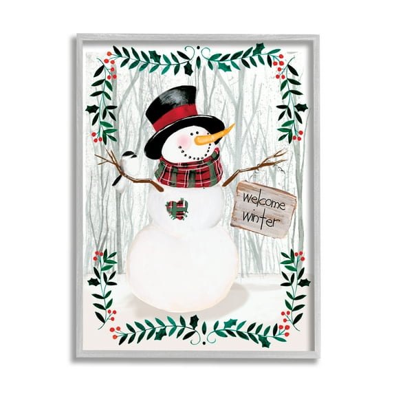 Stupell Industries Winter Welcome Greeting Snowman Forest Holly Florals Holiday Painting Gray Framed Art Print Wall Art, 11 x 14