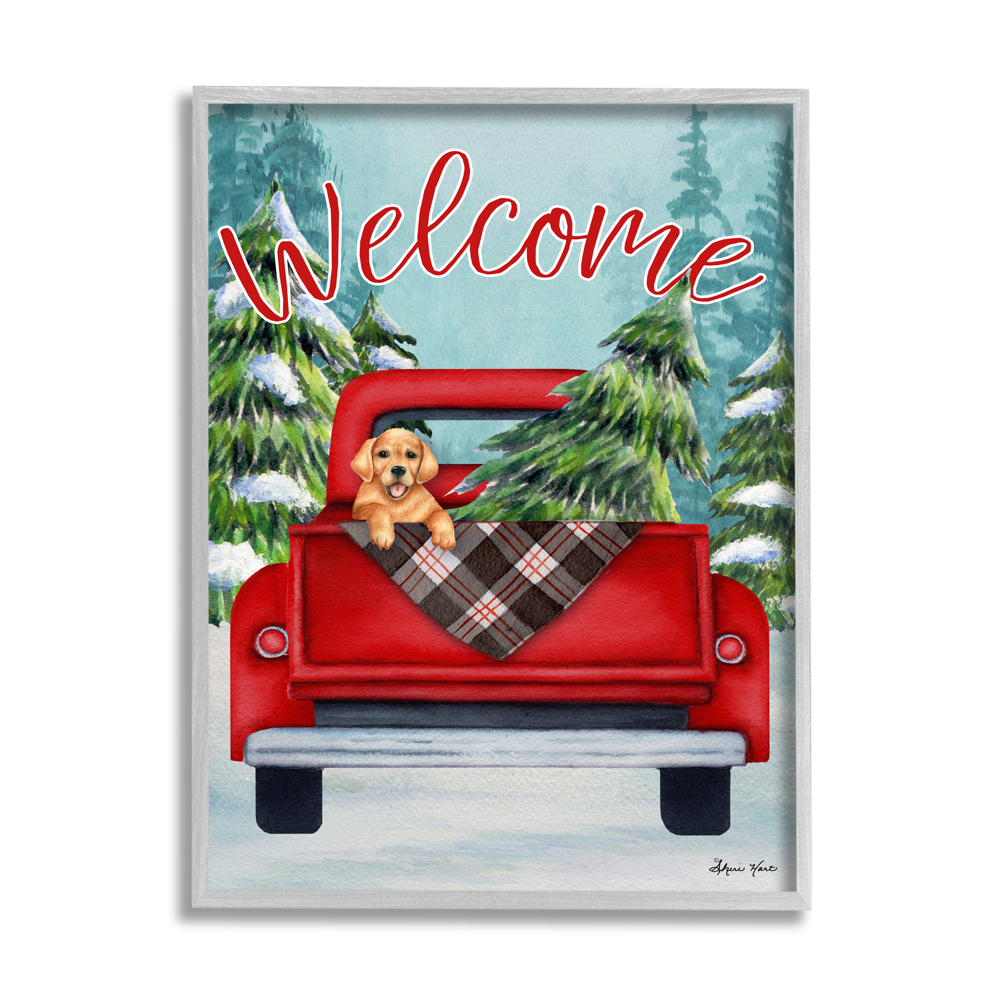 Stupell Industries Winter Welcome Red Truck Christmas Pet Dog, 24 x 30,Design by Sheri Hart
