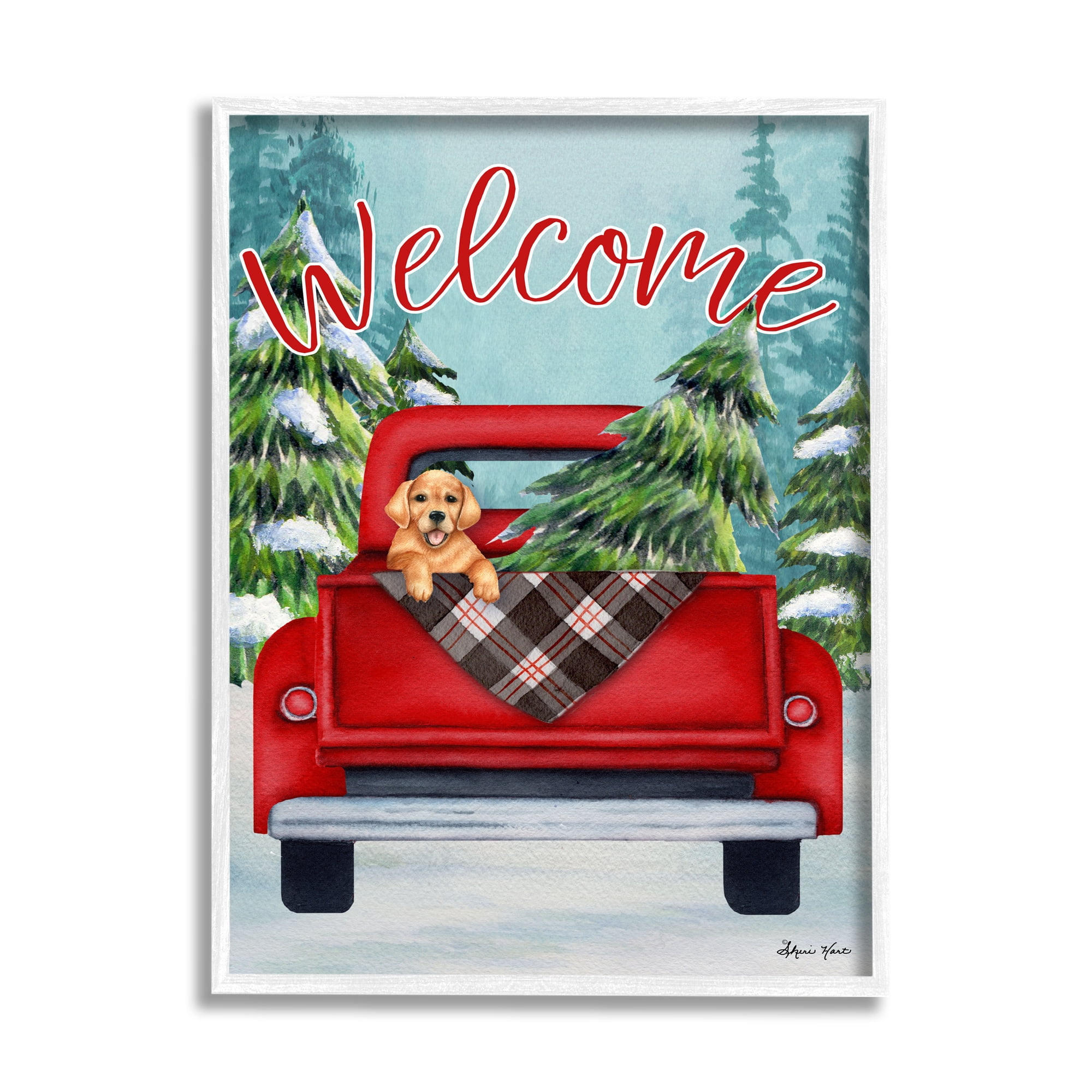 Stupell Industries Winter Welcome Red Truck Christmas Pet Dog Graphic Art White Framed Art Print Wall Art, 24x30, by Sheri Hart