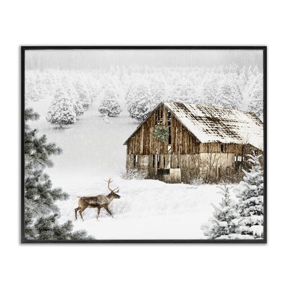 Stupell Industries Winter Whites Cabin with Deer Landscape & Nature Painting Black Framed Art Print Wall Art, 30 x 24