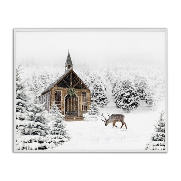 Stupell Industries Winter Whites Chapel Landscape & Nature Painting White Framed Art Print Wall Art, 14 x 11