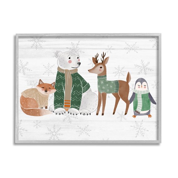 Stupell Industries Winter Wildlife Animals Snowflakes Graphic Art Gray Framed Art Print Wall Art, Design by The Saturday Evening Post