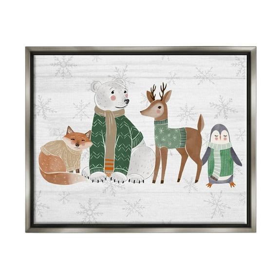Stupell Industries Winter Wildlife Animals Snowflakes Graphic Art Luster Gray Floating Framed Canvas Print Wall Art, Design by The Saturday Evening Post