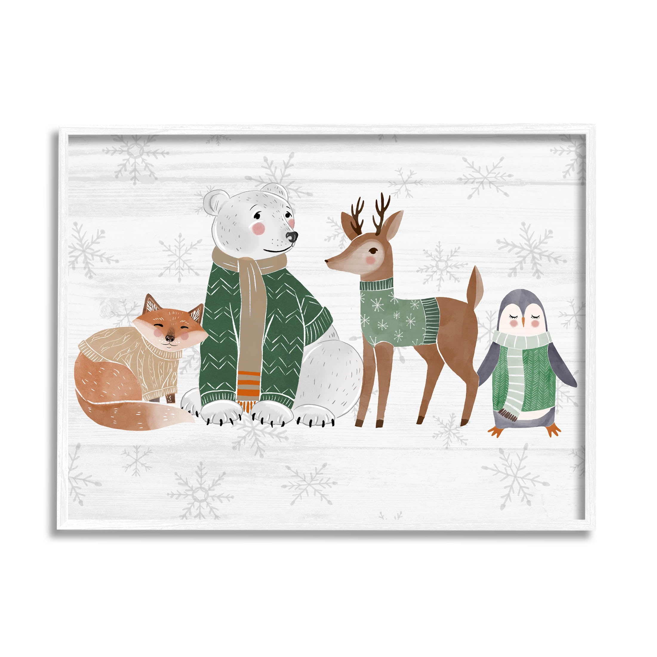 Stupell Industries Winter Wildlife Animals Snowflakes Graphic Art White Framed Art Print Wall Art, Design by The Saturday Evening Post
