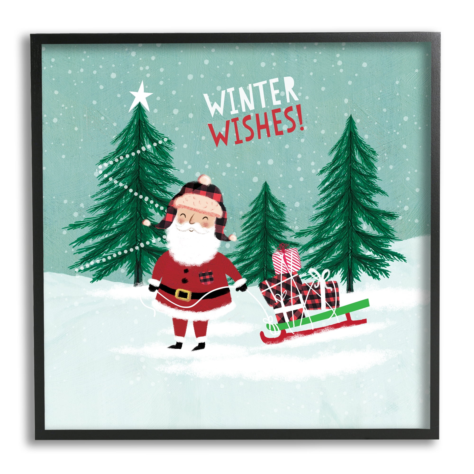 Stupell Industries Winter Wishes Santa Claus & Sled Holiday Painting Black Framed Art Print Wall Art