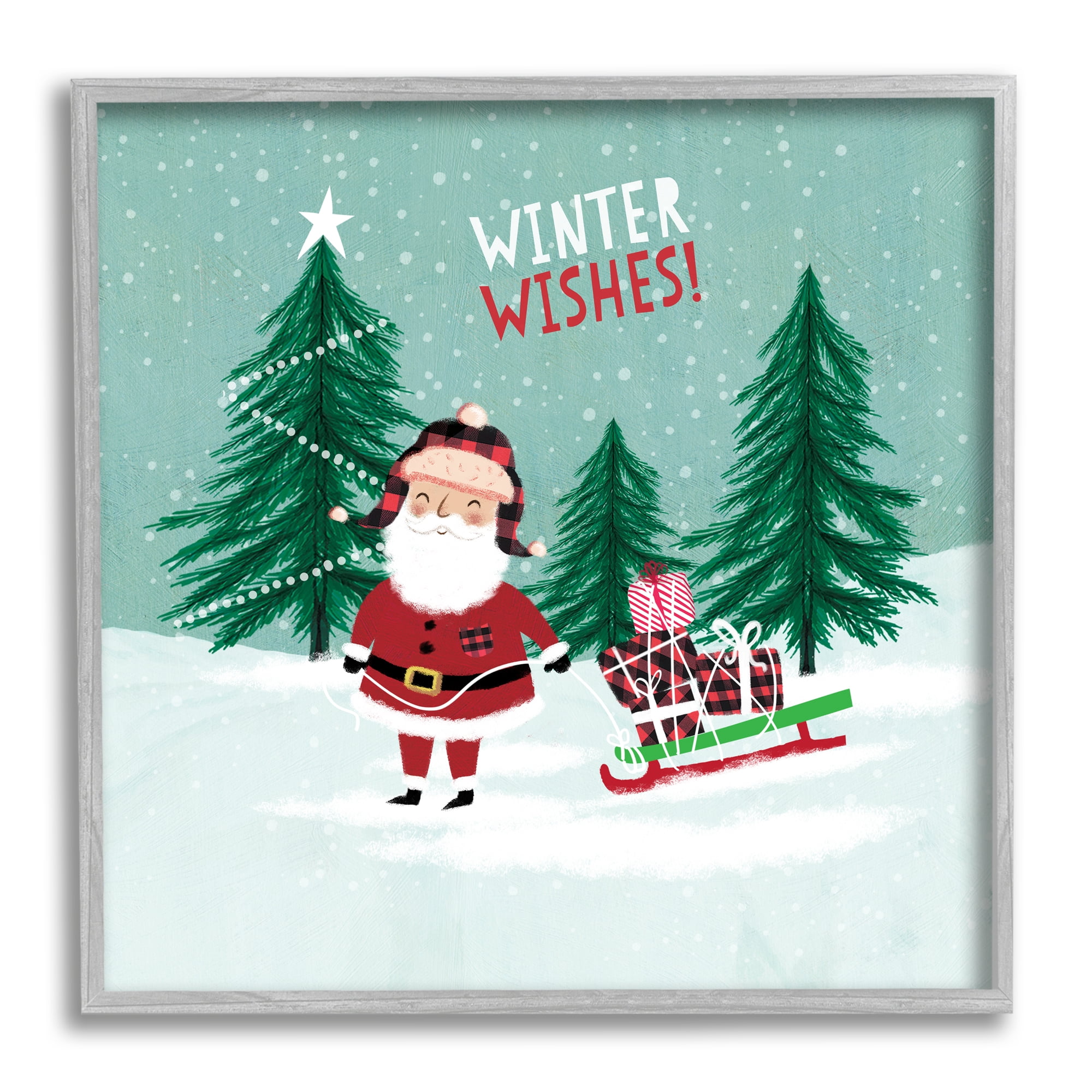 Stupell Industries Winter Wishes Santa Claus & Sled Holiday Painting Gray Framed Art Print Wall Art