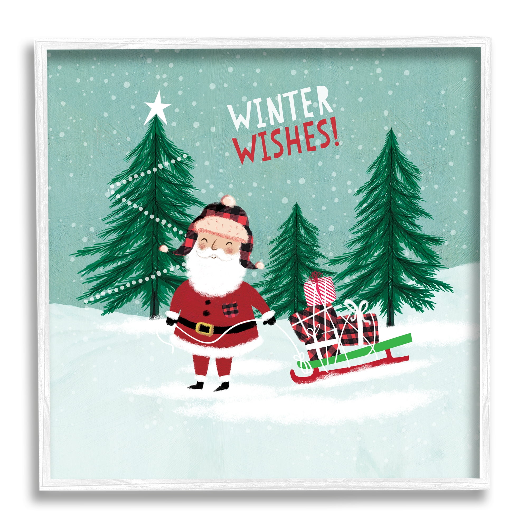 Stupell Industries Winter Wishes Santa Claus & Sled Holiday Painting White Framed Art Print Wall Art