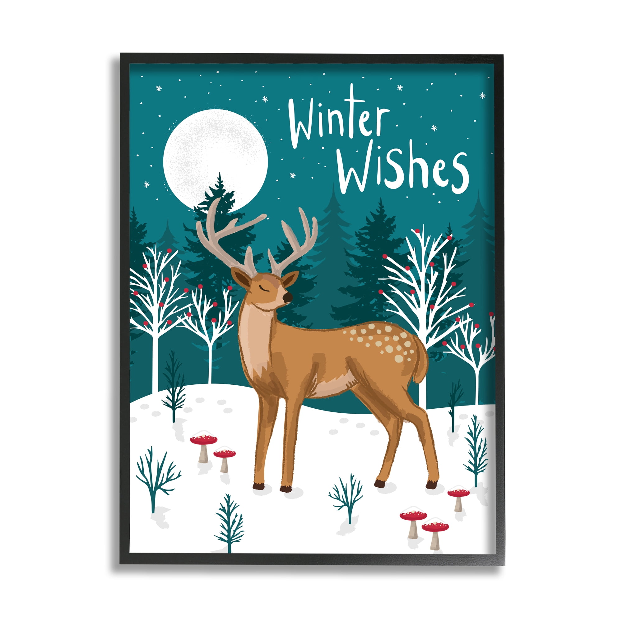 Stupell Industries Winter Wishes Saying Midnight Reindeer Forest Landscape Animals & Insects Painting Black Framed Art Print Wall Art, 24 x 30