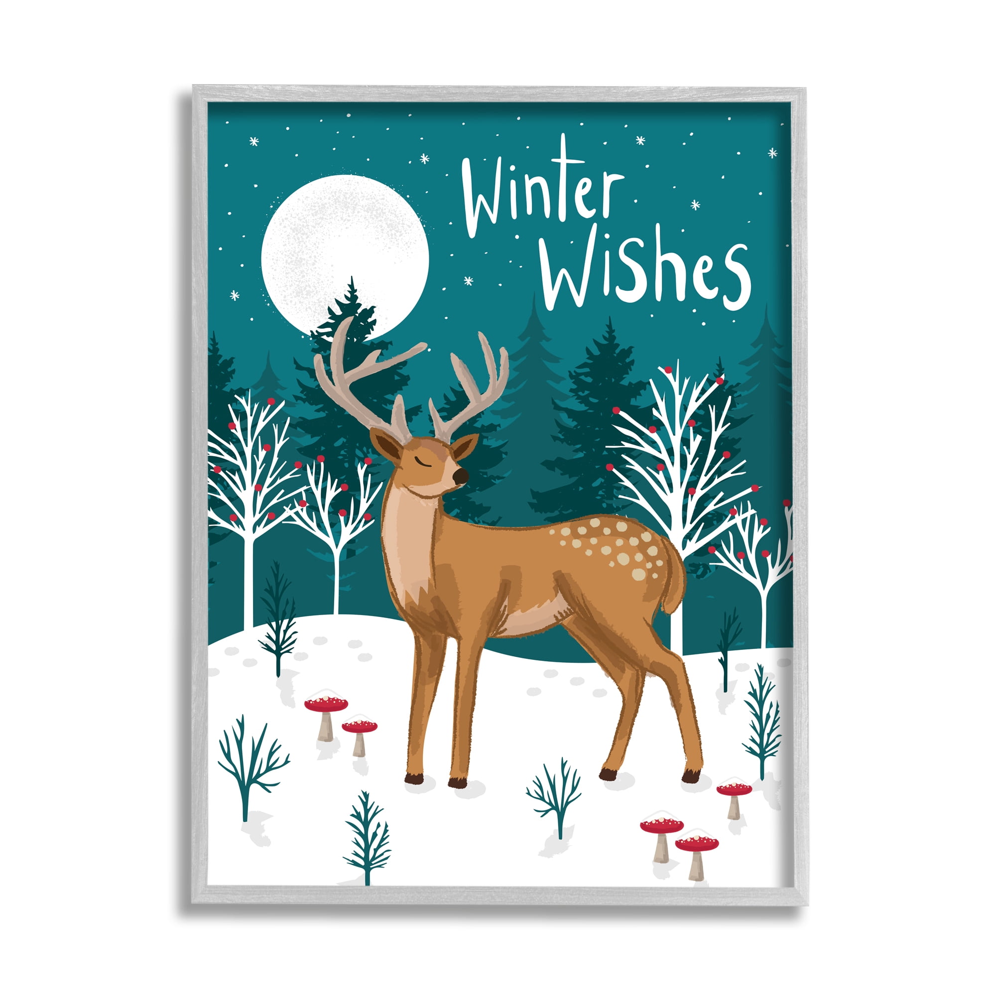 Stupell Industries Winter Wishes Saying Midnight Reindeer Forest Landscape Animals & Insects Painting Gray Framed Art Print Wall Art, 24 x 30