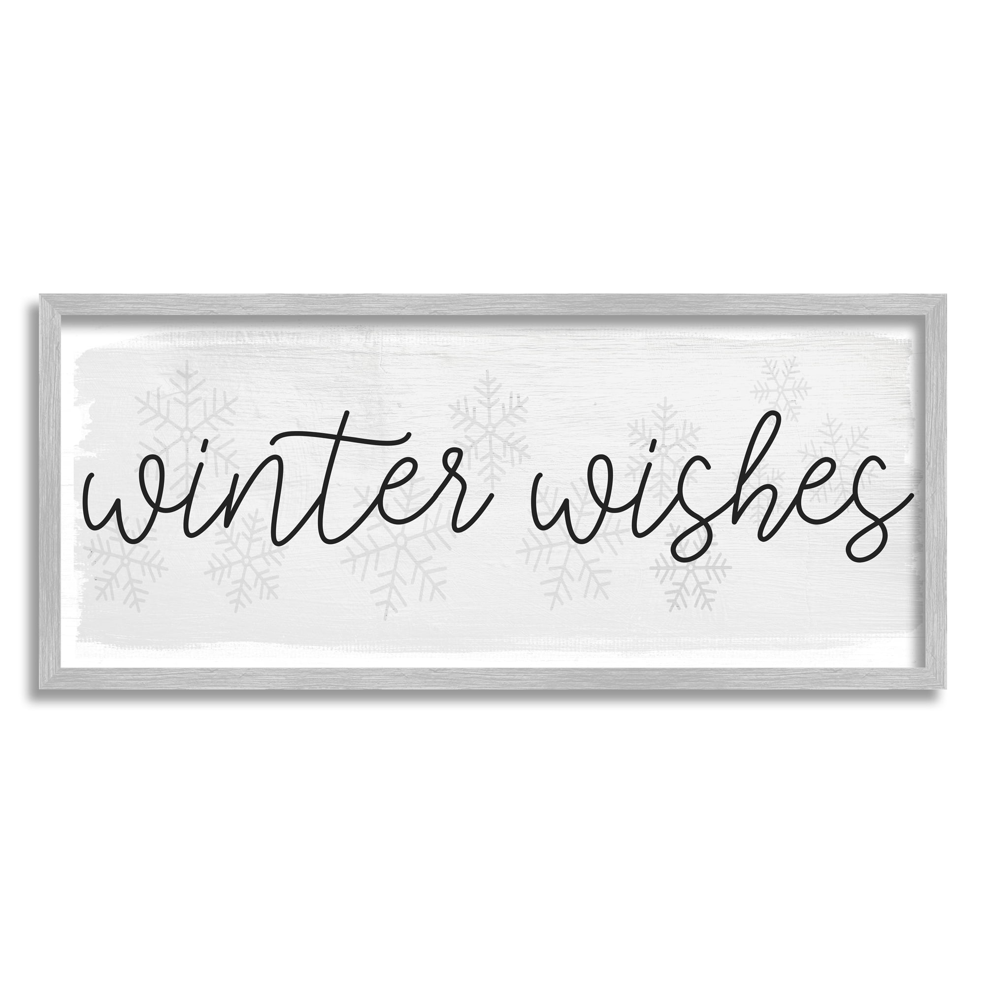 Stupell Industries Winter Wishes Sentiments Geometric Snow Flakes Cursive Typography Graphic Art Gray Framed Art Print Wall Art, 30x13, by Daphne Polselli