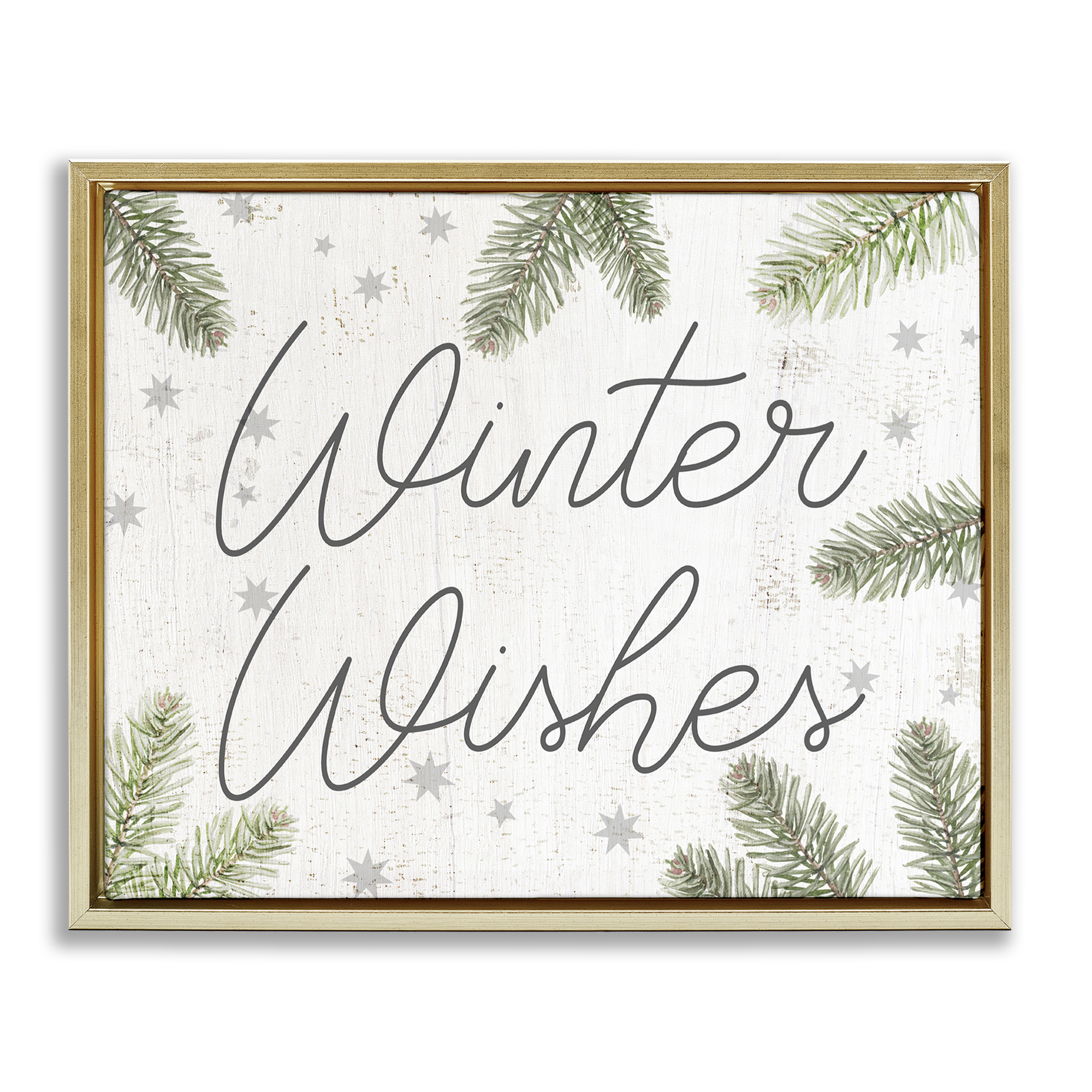 Stupell Industries Winter Wishes with Sprigs Holiday Painting Gold Floater Framed Canvas Art Prints Wall Art, 21 x 17