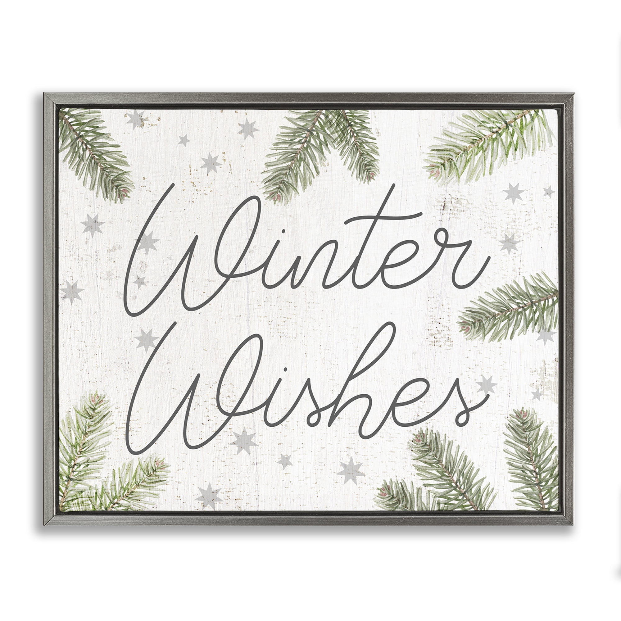 Stupell Industries Winter Wishes with Sprigs Holiday Painting Gray Floater Framed Canvas Art Prints Wall Art, 31 x 25
