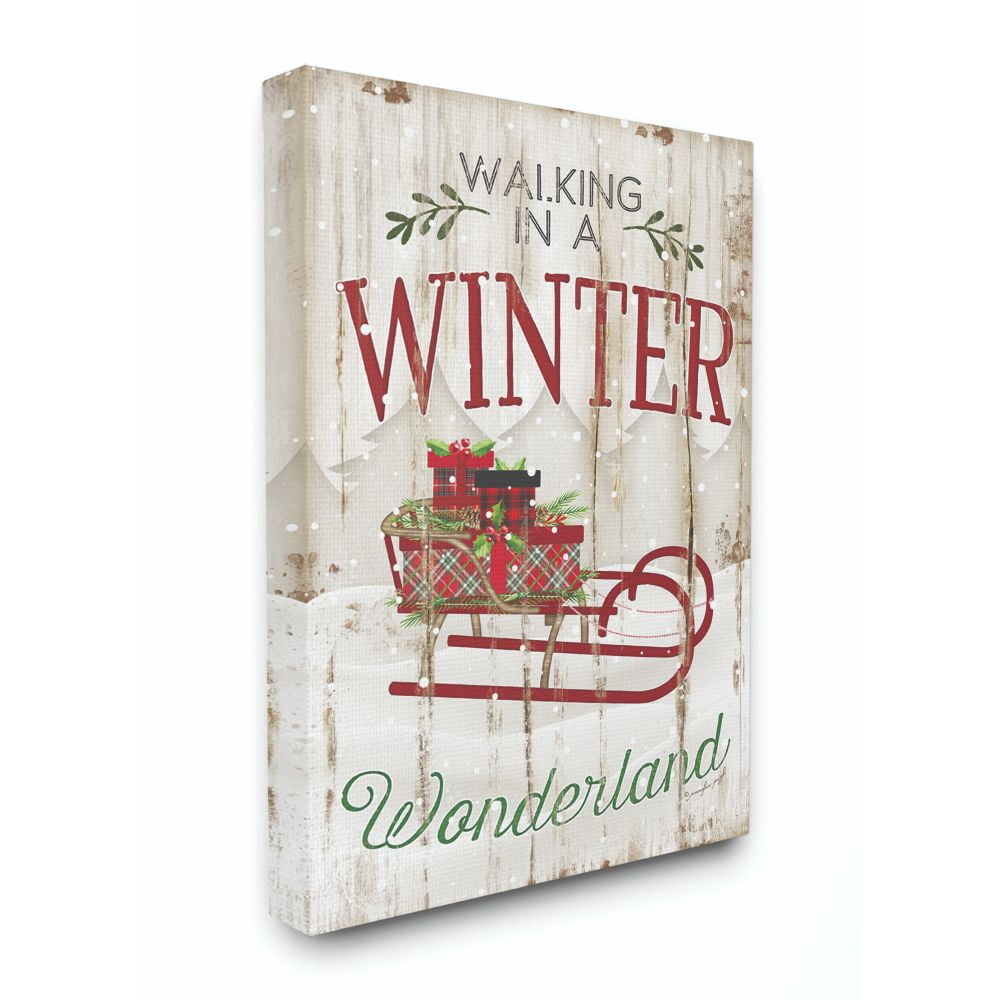 Stupell Industries Winter Wonderland Red Sleigh Wood Texture Christmas Word DesignCanvas Wall Art By Artist Jennifer Pugh