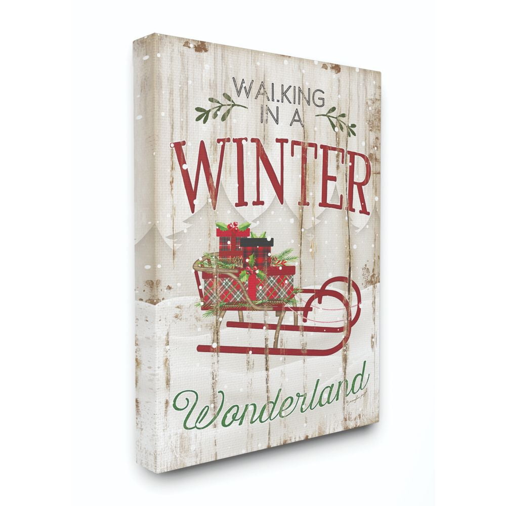 Stupell Industries Winter Wonderland Red Sleigh Wood Texture Christmas Word DesignCanvas Wall Art By Artist Jennifer Pugh