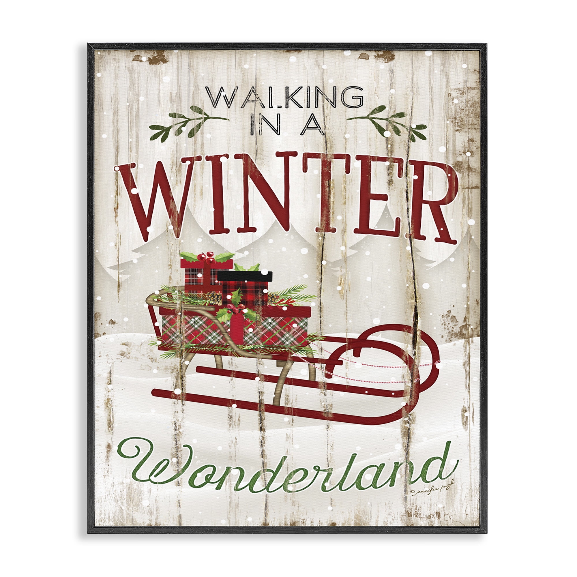 Stupell Industries Winter Wonderland Red Sleigh Wood Texture Christmas Word DesignFramed Wall Art By Artist Jennifer Pugh