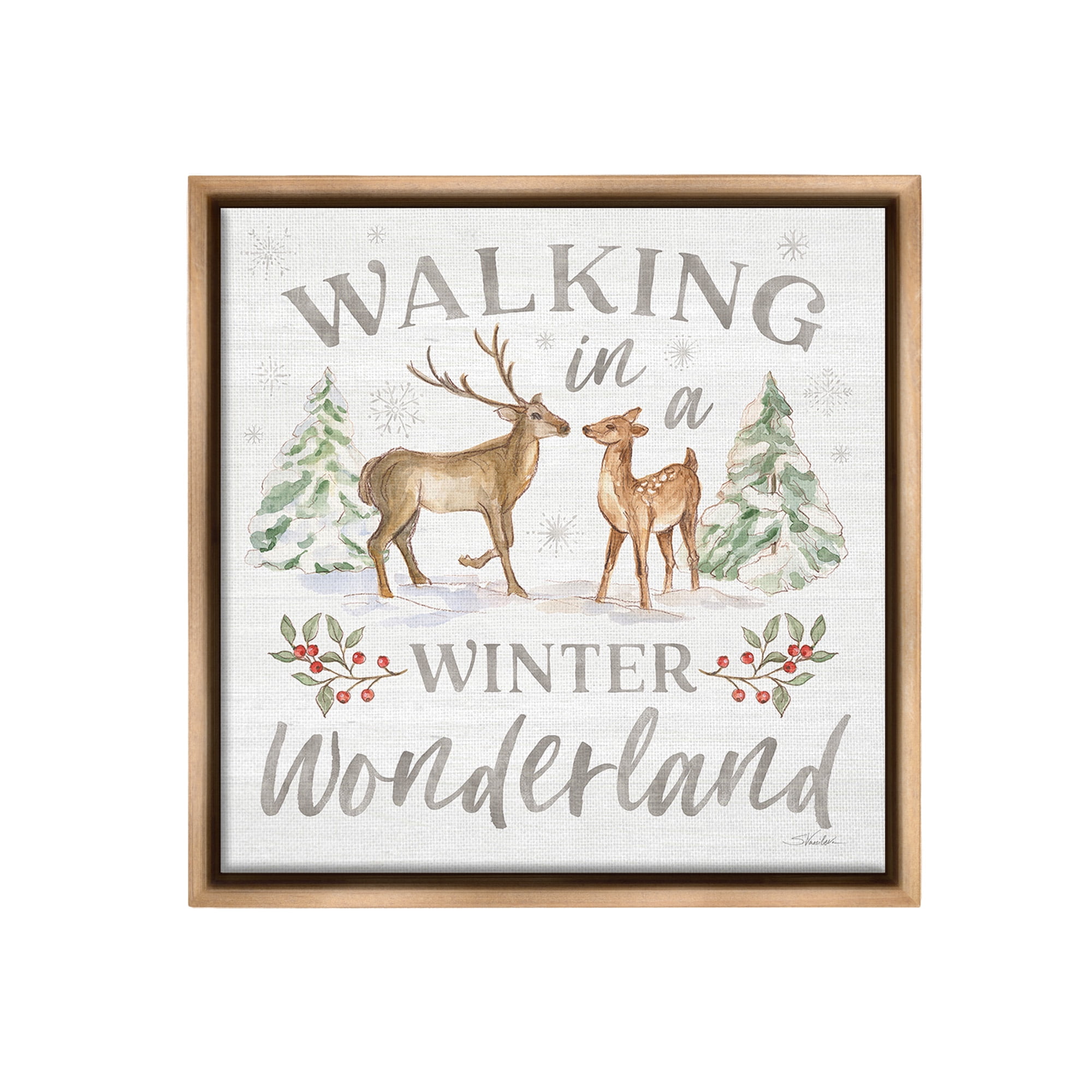 Stupell Industries Winter Wonderland Snow Scene Holiday Painting Brown Floater Framed Canvas Art Print Wall Art, 25 x 25