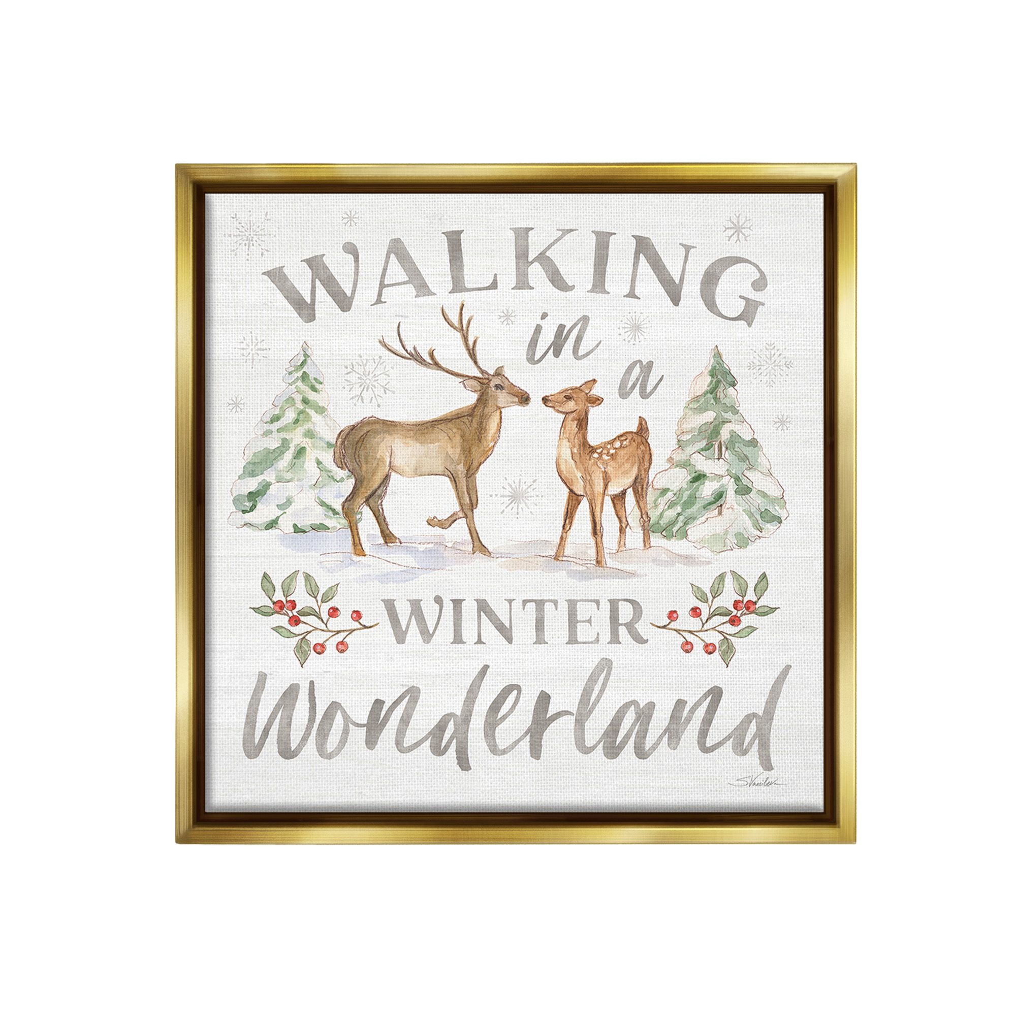 Stupell Industries Winter Wonderland Snow Scene Holiday Painting Gold Floater Framed Canvas Art Print Wall Art, 25 x 25