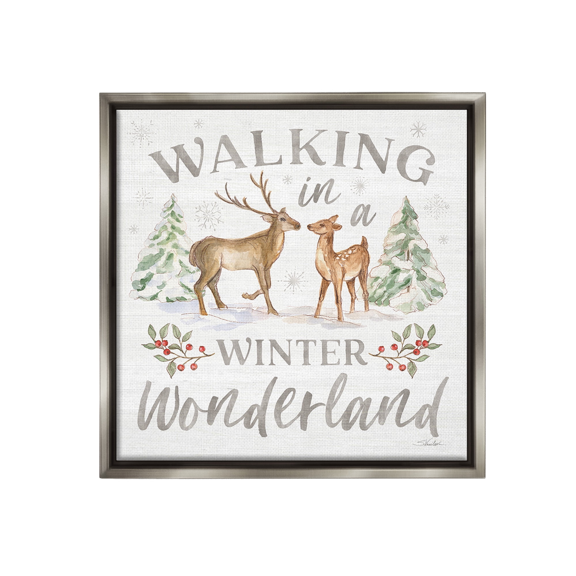 Stupell Industries Winter Wonderland Snow Scene Holiday Painting Gray Floater Framed Canvas Art Print Wall Art, 18 x 18