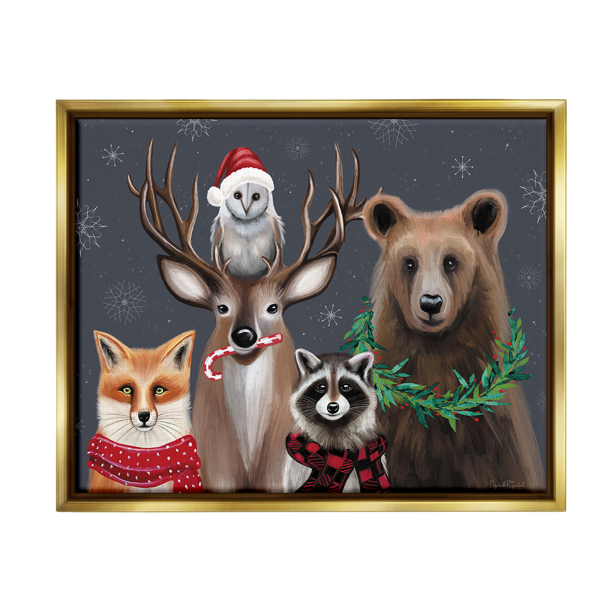 Stupell Industries Winter Woodland Animals Holiday Painting Gold Floater Framed Canvas Art Print Wall Art, 31 x 25