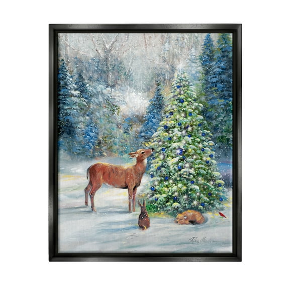 Stupell Industries Winter Woodland Animals Tree Holiday Painting Black Floater Framed Art Print Wall Art