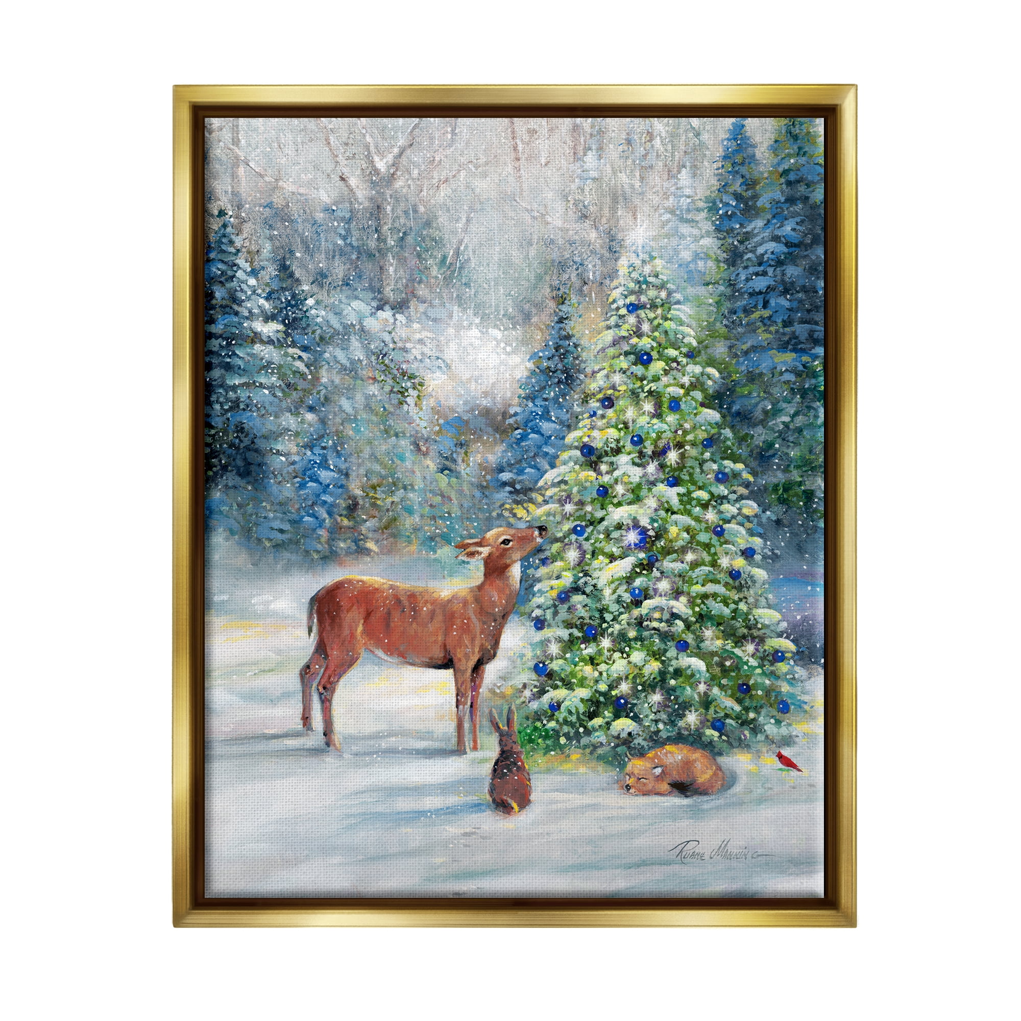 Stupell Industries Winter Woodland Animals Tree Holiday Painting Gold Floater Framed Art Print Wall Art