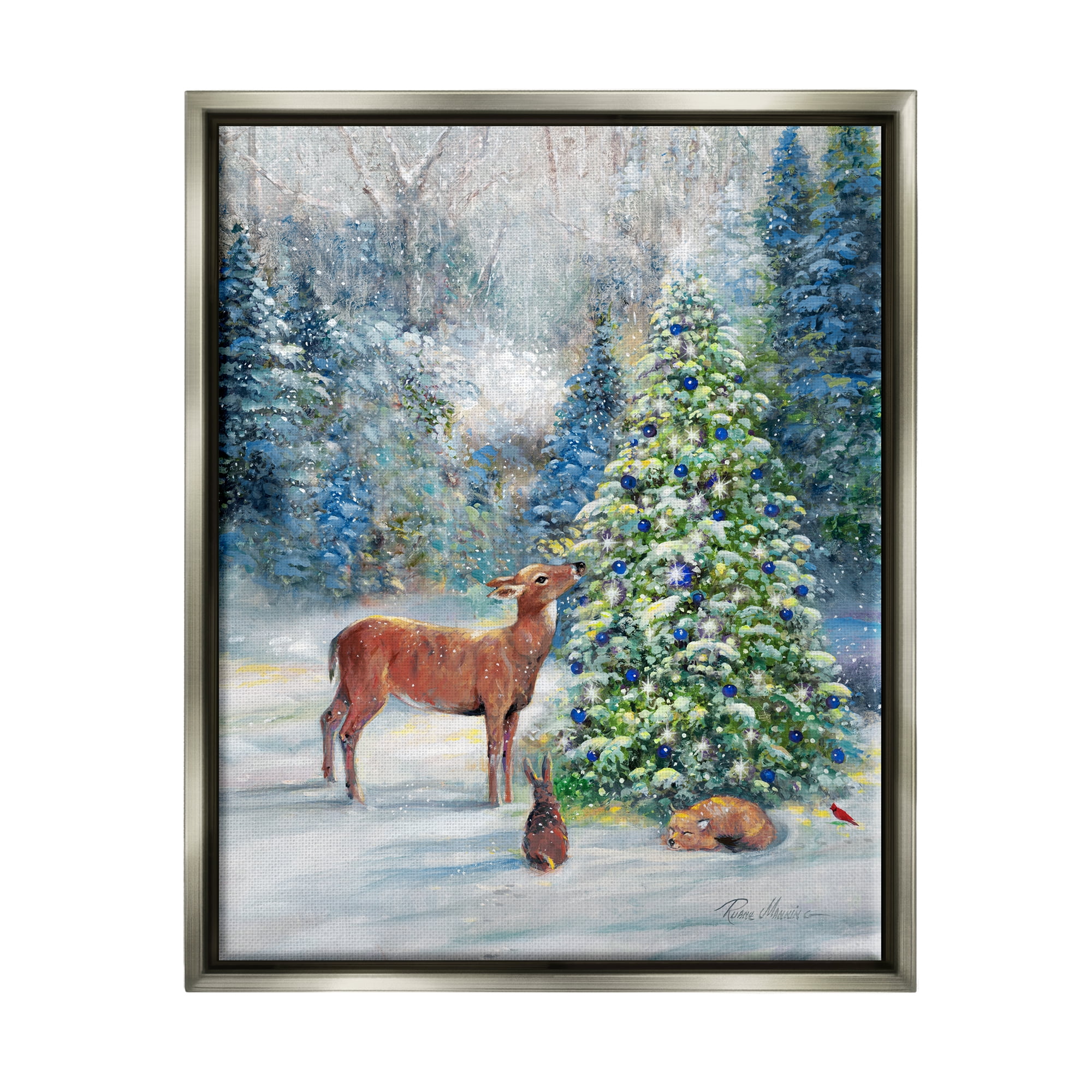 Stupell Industries Winter Woodland Animals Tree Holiday Painting Gray Floater Framed Art Print Wall Art