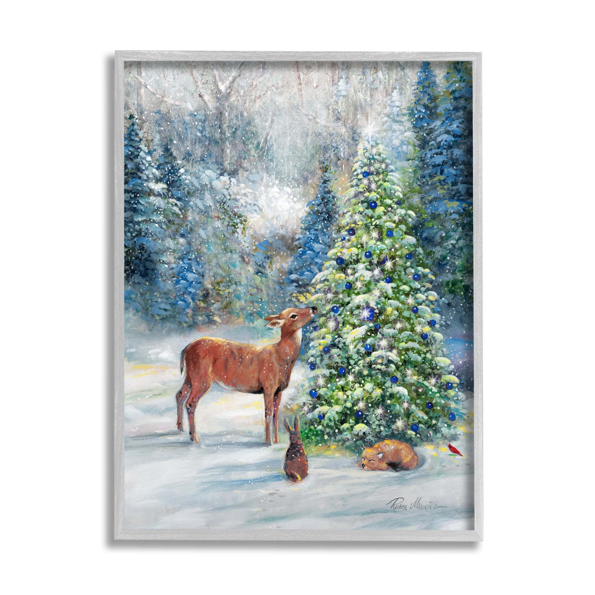 Stupell Industries Winter Woodland Animals Tree Holiday Painting Gray Framed Art Print Wall Art