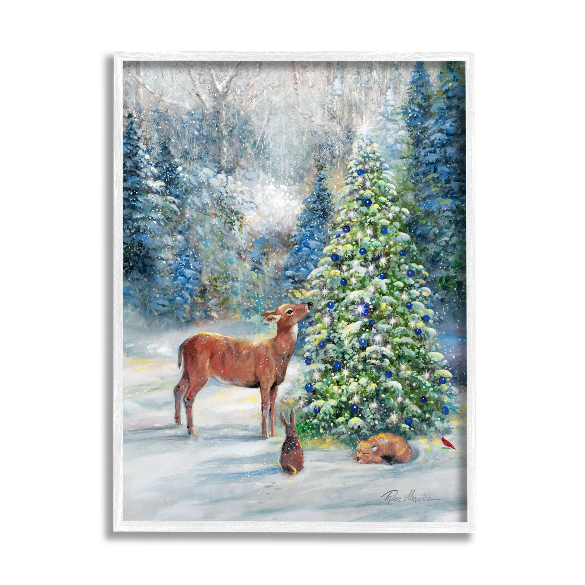 Stupell Industries Winter Woodland Animals Tree Holiday Painting White Framed Art Print Wall Art