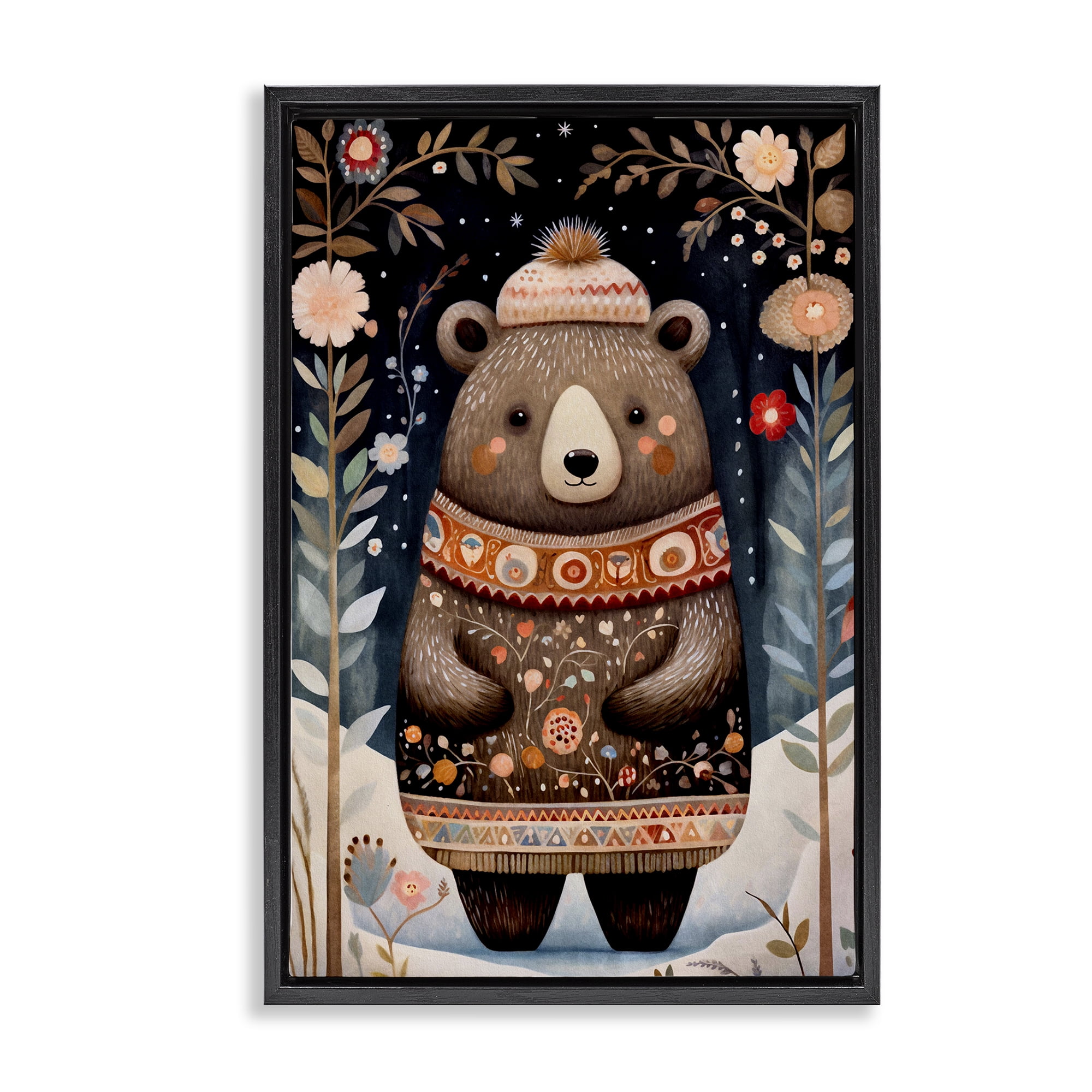 Stupell Industries Winter Woodland Bear Animals & Insects Painting Black Floater Framed Art Print Wall Art, 21 x 31