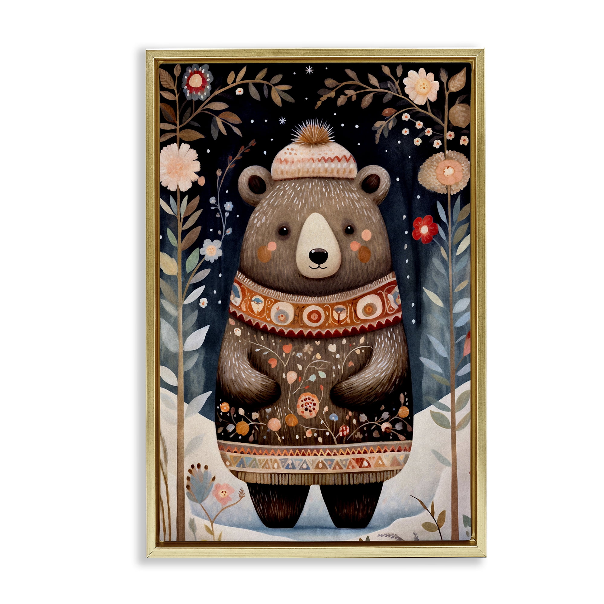 Stupell Industries Winter Woodland Bear Animals & Insects Painting Gold Floater Framed Art Print Wall Art, 17 x 25