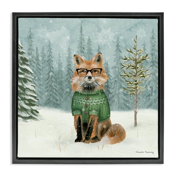 Stupell Industries Winter Woodland Fox Animals Painting Black Floater Framed Canvas Art Print Wall Art, 18 x 18