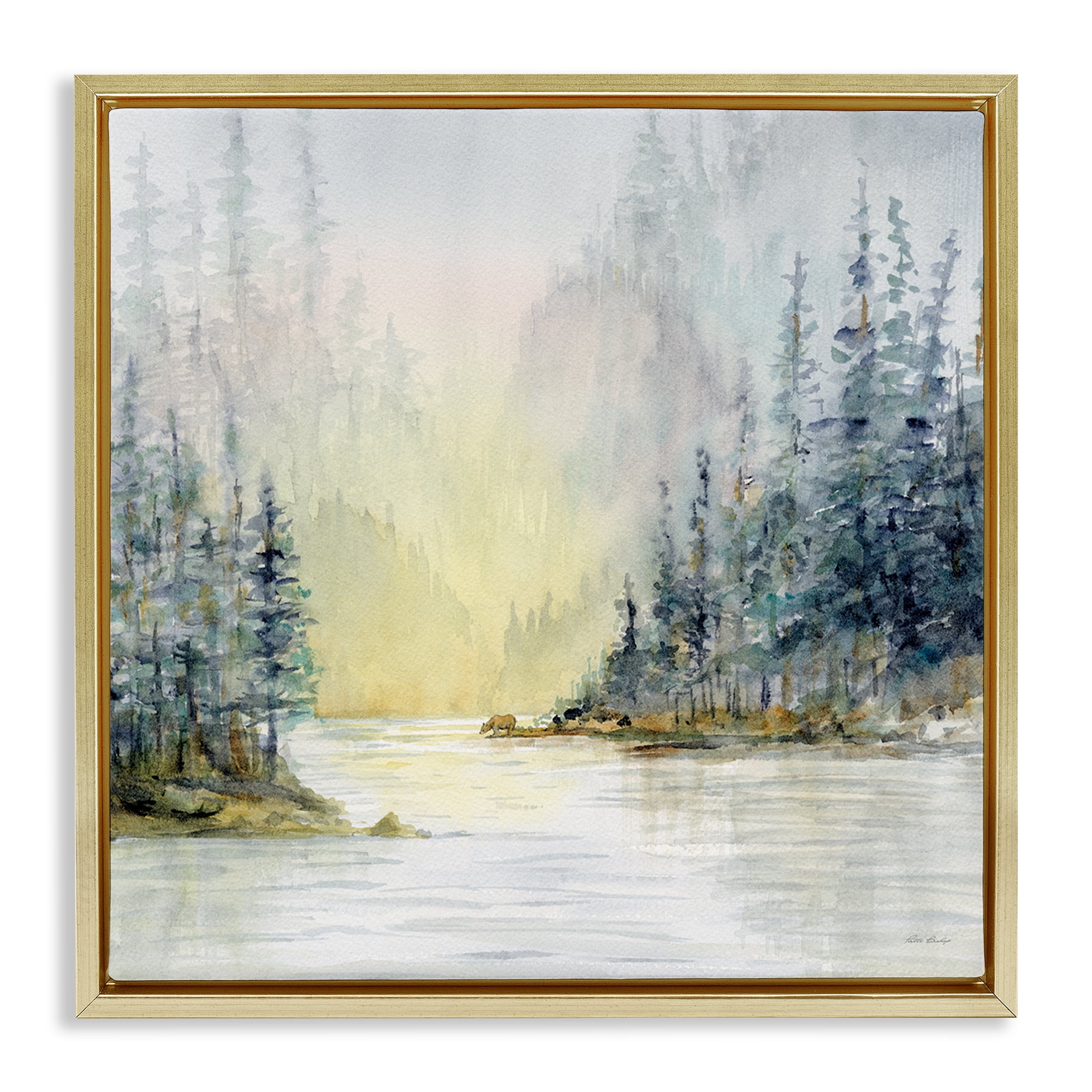 Stupell Industries Winter Woodland Scene Landscape & Nature Painting Gold Floater Framed Canvas Art Print Wall Art, 18 x 18