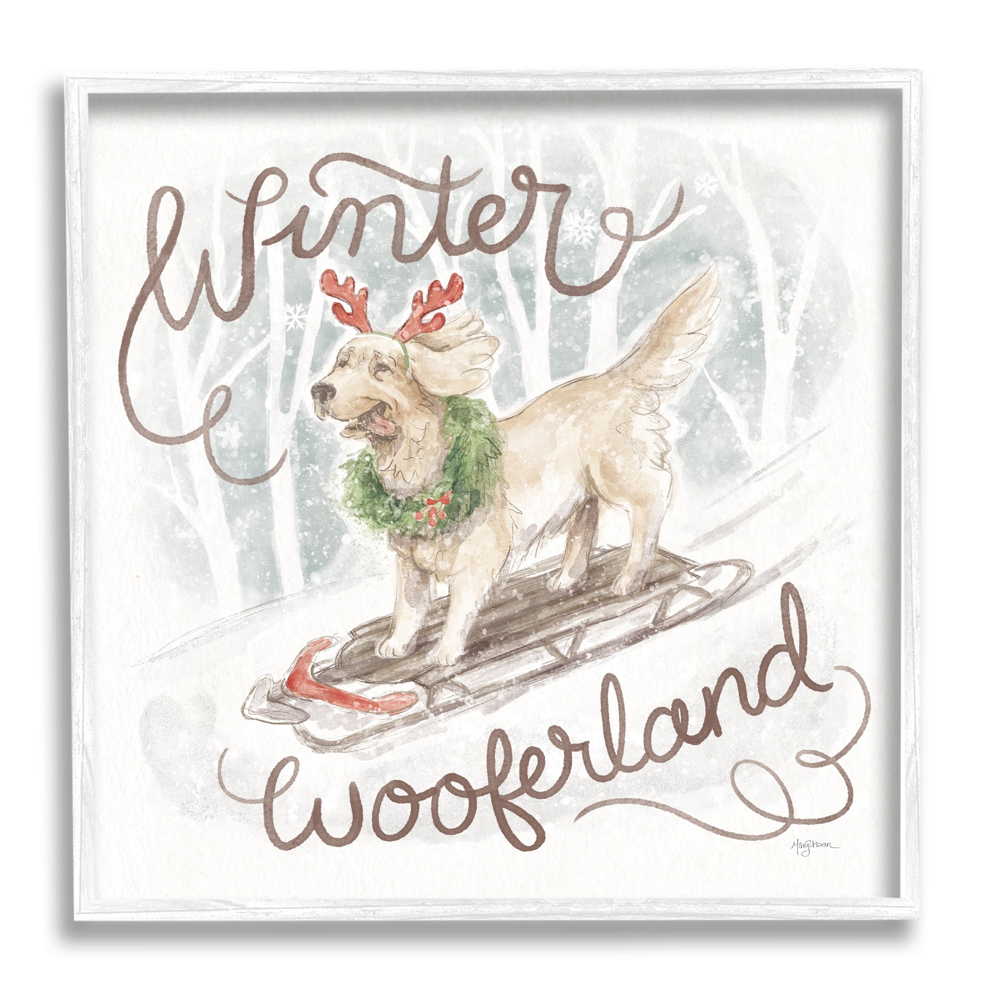 Stupell Industries Winter Wooferland Dog Holiday Painting White Framed Art Print Wall Art, 12 x 12