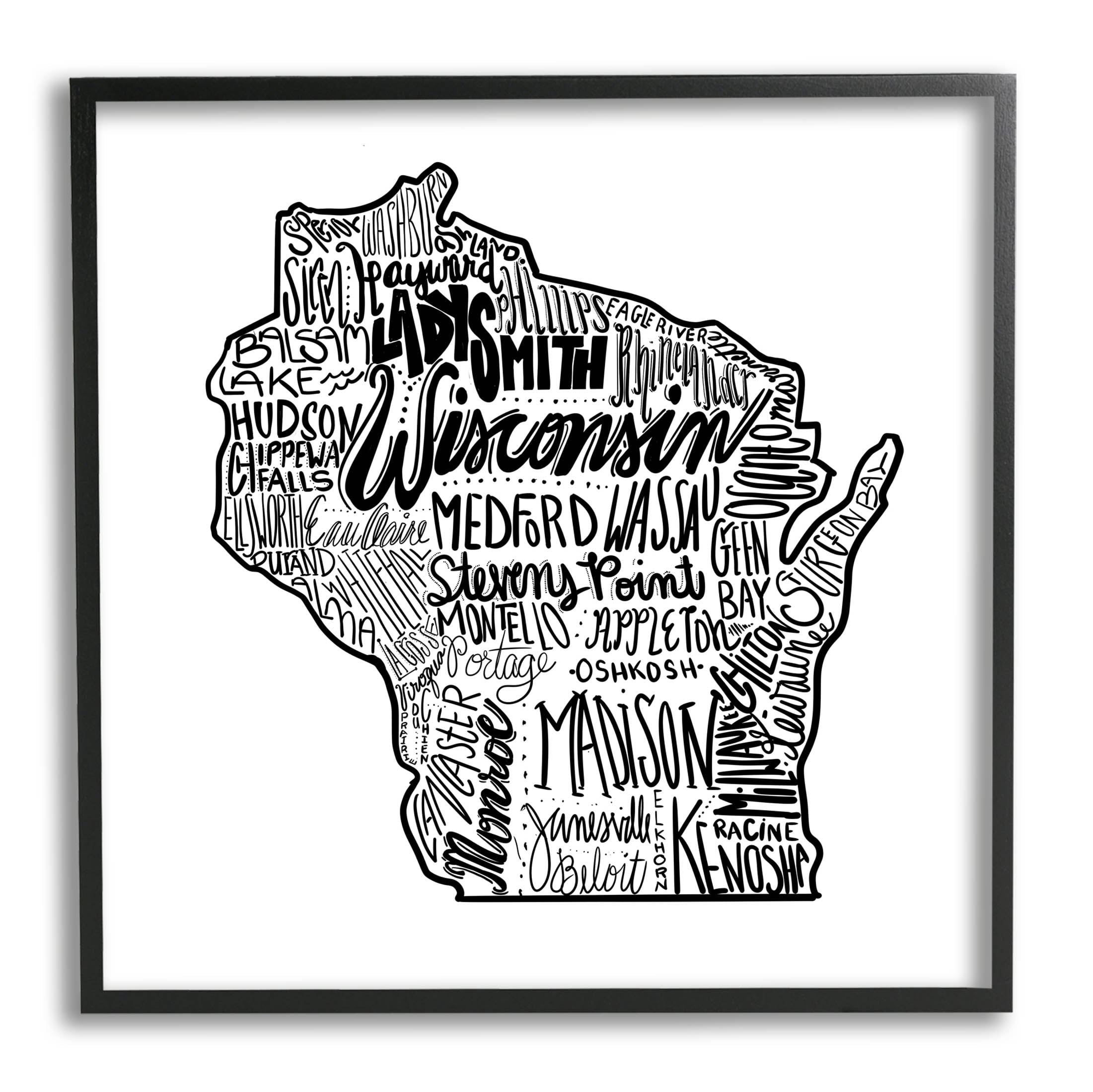 Stupell Industries Wisconsin City Typography Graphic Art Black Framed Art Print Wall Art, Design by The Saturday Evening Post