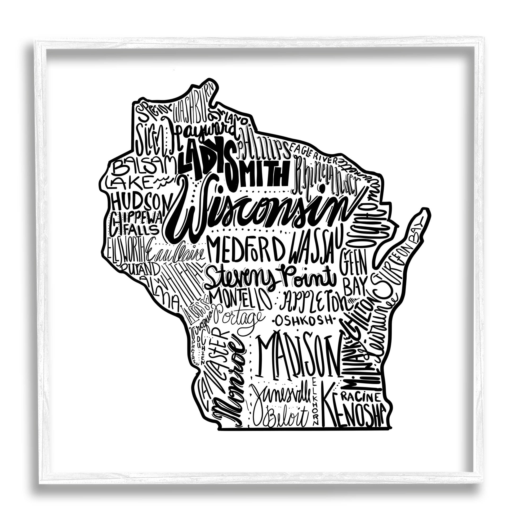 Stupell Industries Wisconsin City Typography Graphic Art White Framed Art Print Wall Art, Design by The Saturday Evening Post