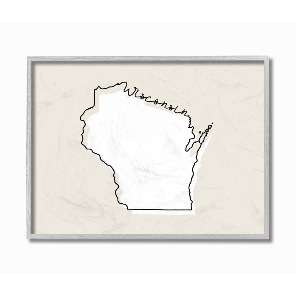 Stupell Industries Wisconsin Home State Map Neutral Print Design Gray Farmhouse Rustic Framed Giclee Texturized Art by Daphne Polselli