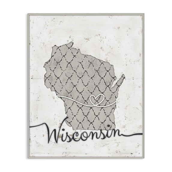 Stupell Industries Shabby Chic Wisconsin Patterned Grey US State Design Canvas Art, 16 x 20, by Ziwei Li