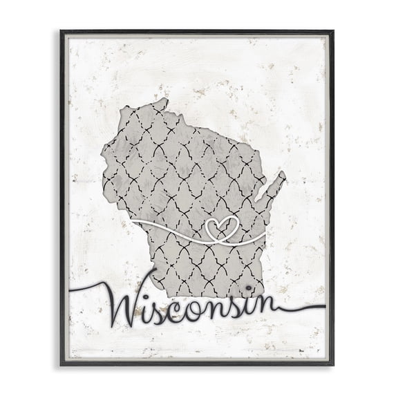Stupell Industries Shabby Chic Wisconsin Patterned Grey US State Design Black Framed Giclee Art, 24 x 30, by Ziwei Li