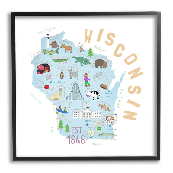 Stupell Industries Wisconsin Sights Landmark Doodles Travel & Places Painting Black Framed Art Print Wall Art