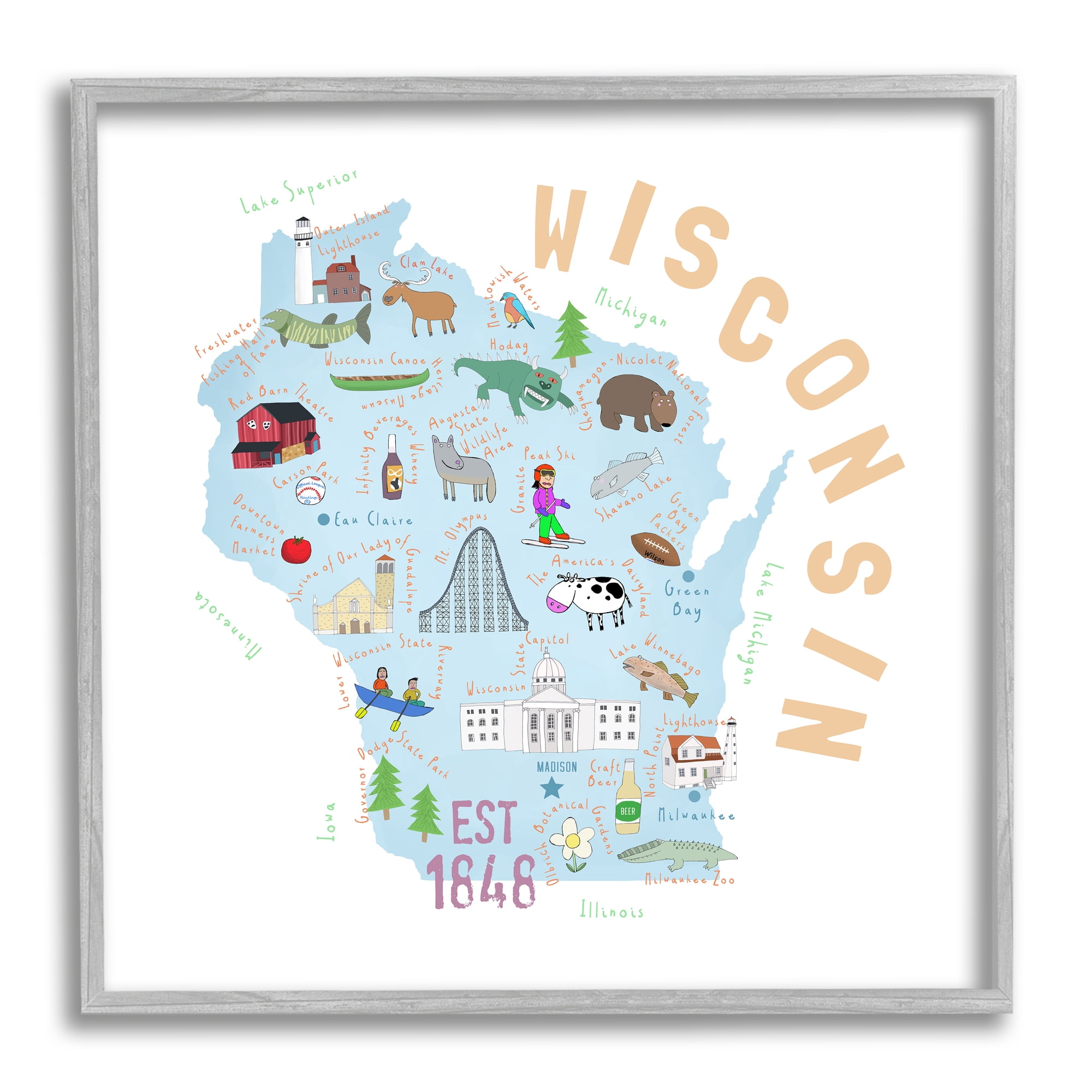 Stupell Industries Wisconsin Sights Landmark Doodles Travel & Places Painting Gray Framed Art Print Wall Art