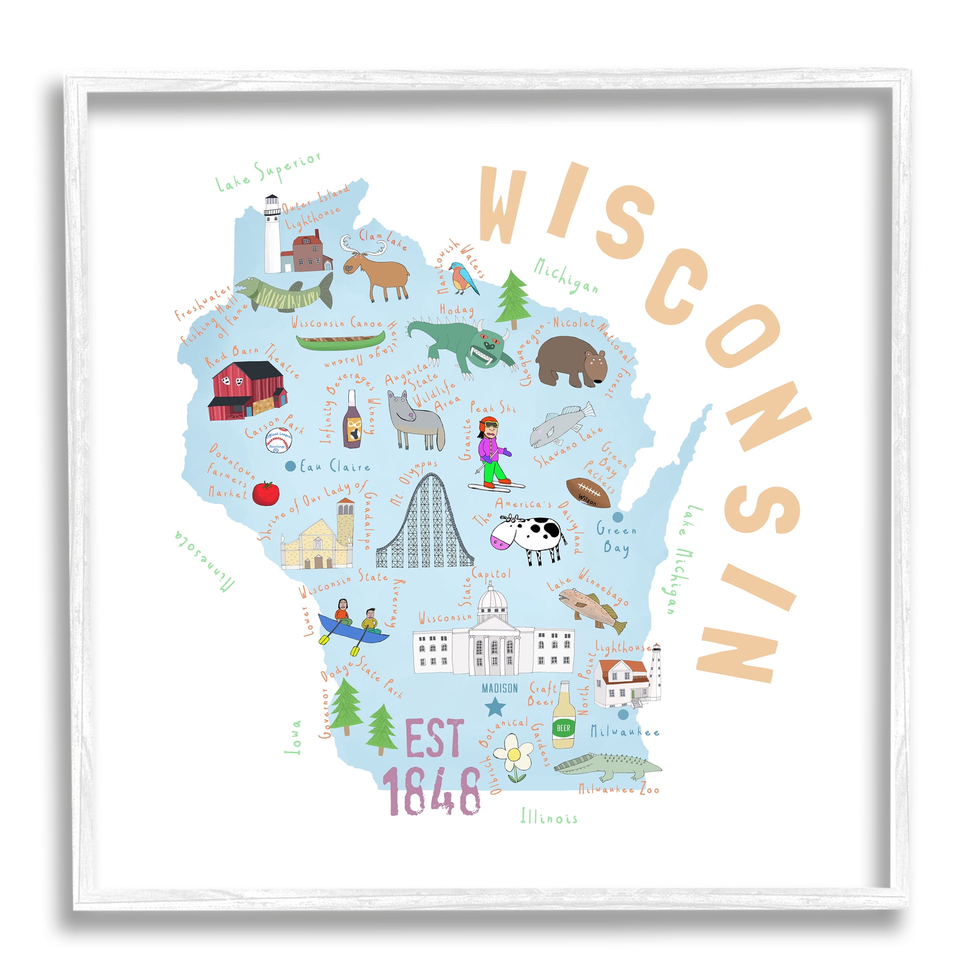 Stupell Industries Wisconsin Sights Landmark Doodles Travel & Places Painting White Framed Art Print Wall Art
