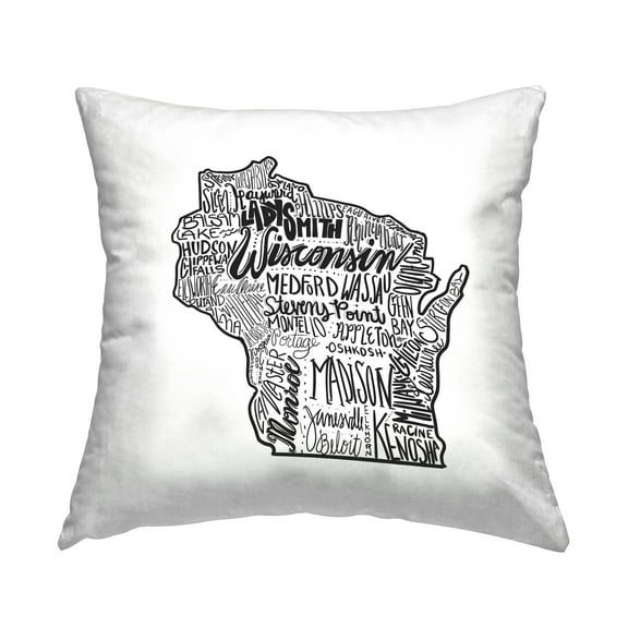 Stupell Industries Wisconsin State Outline Shape Typography Cities Design by Saturday Evening Post Throw Pillow