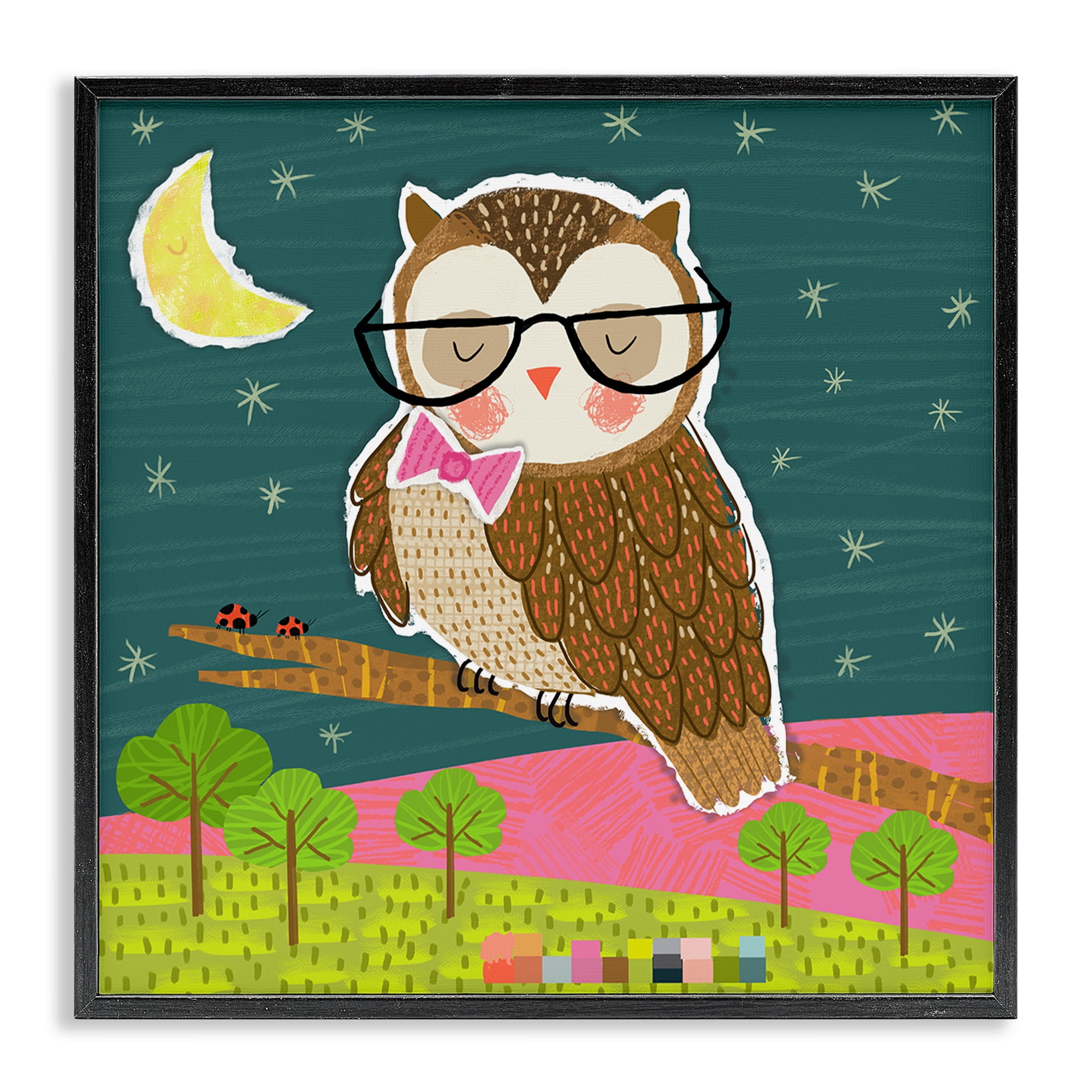Stupell Industries Wise Owl on Branch Animals Painting Black Framed Art Print Wall Art, 17 x 17