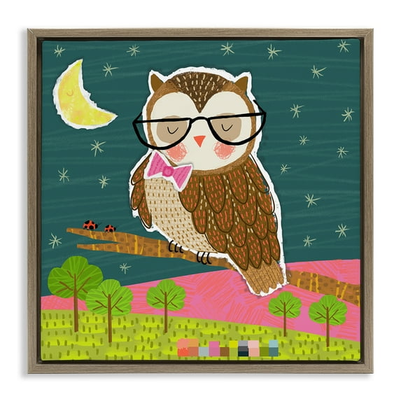 Stupell Industries Wise Owl on Branch Animals Painting Brown Floater Framed Canvas Art Print Wall Art, 18 x 18