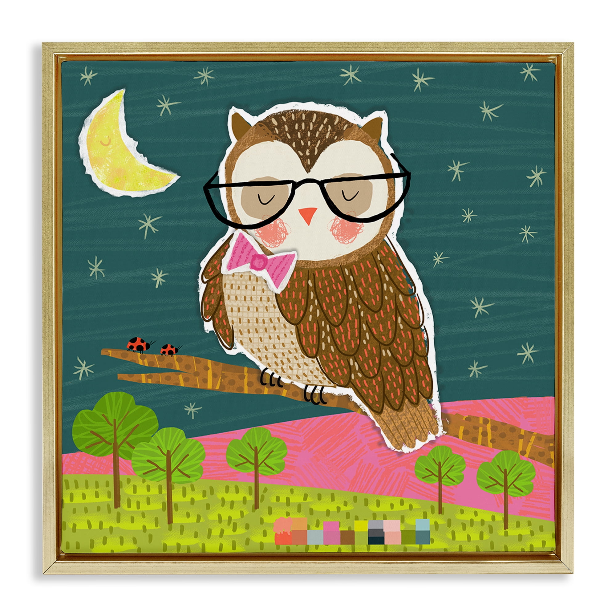 Stupell Industries Wise Owl on Branch Animals Painting Gold Floater Framed Canvas Art Print Wall Art, 25 x 25