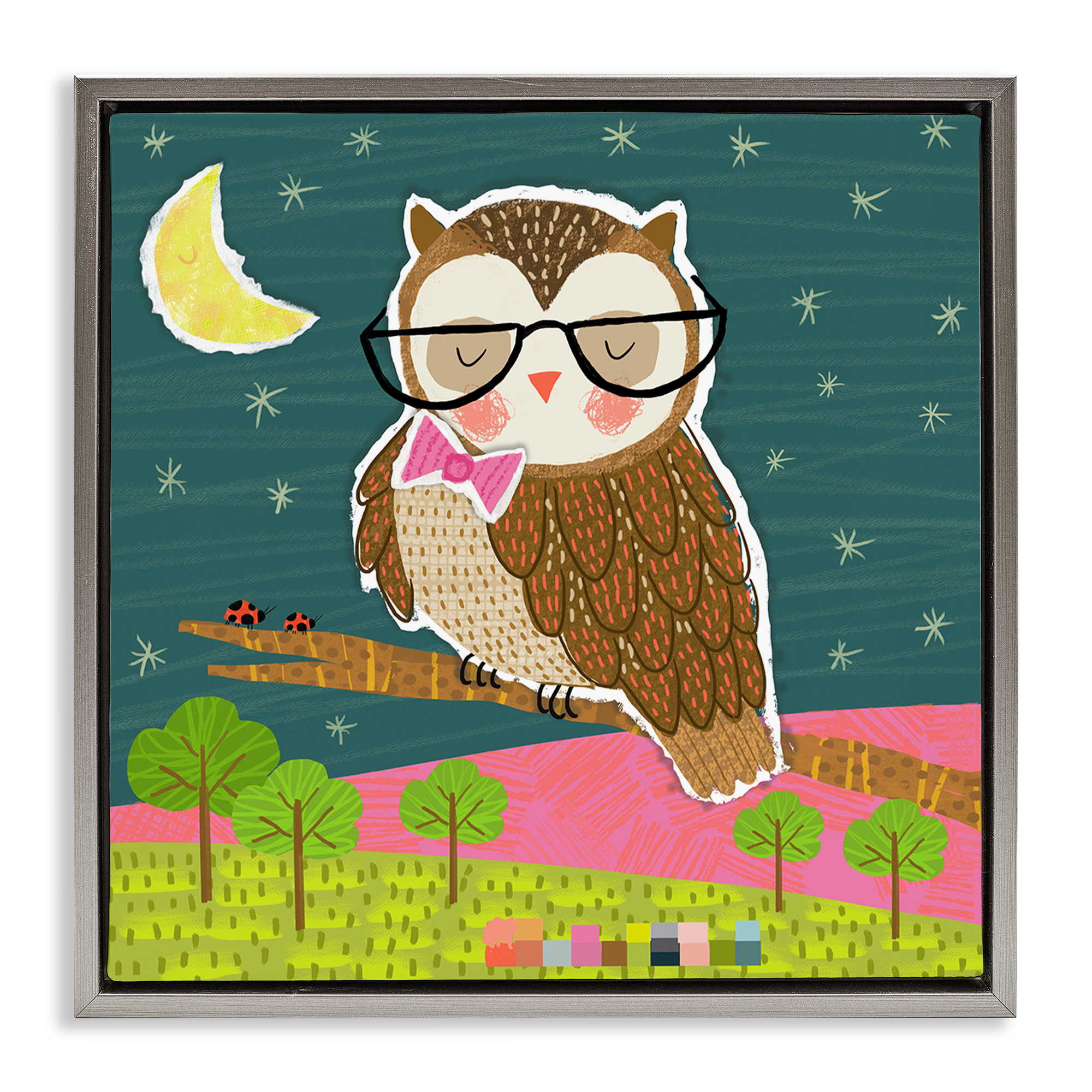 Stupell Industries Wise Owl on Branch Animals Painting Gray Floater Framed Canvas Art Print Wall Art, 18 x 18