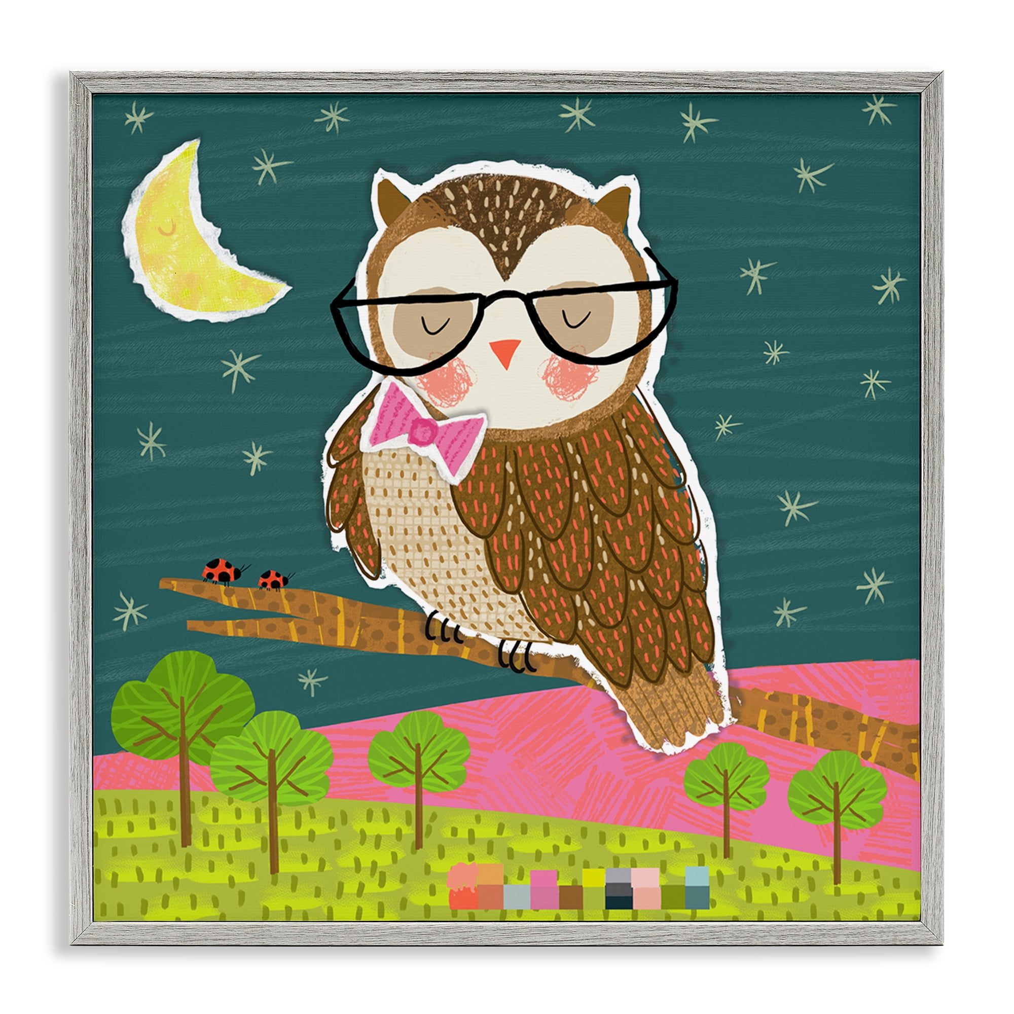Stupell Industries Wise Owl on Branch Animals Painting Gray Framed Art Print Wall Art, 24 x 24