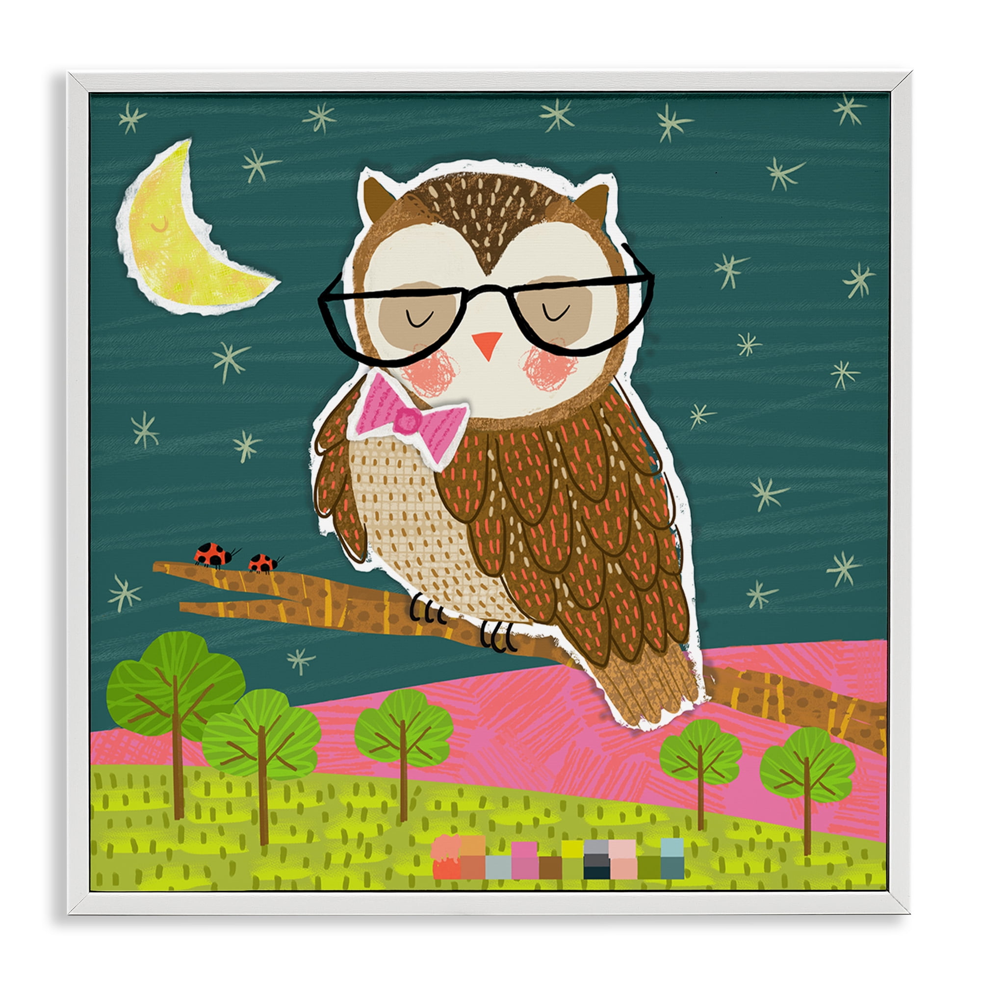 Stupell Industries Wise Owl on Branch Animals Painting White Framed Art Print Wall Art, 17 x 17