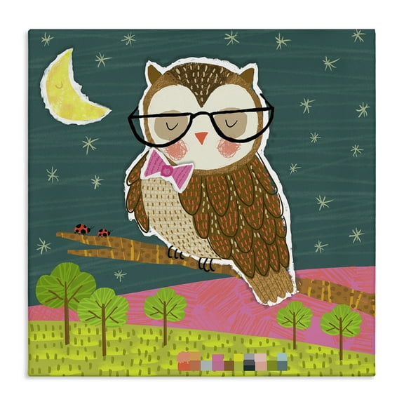 Stupell Industries Wise Owl on Branch Animals Painting Wrapped Canvas Art Print Wall Art, 17 x 17